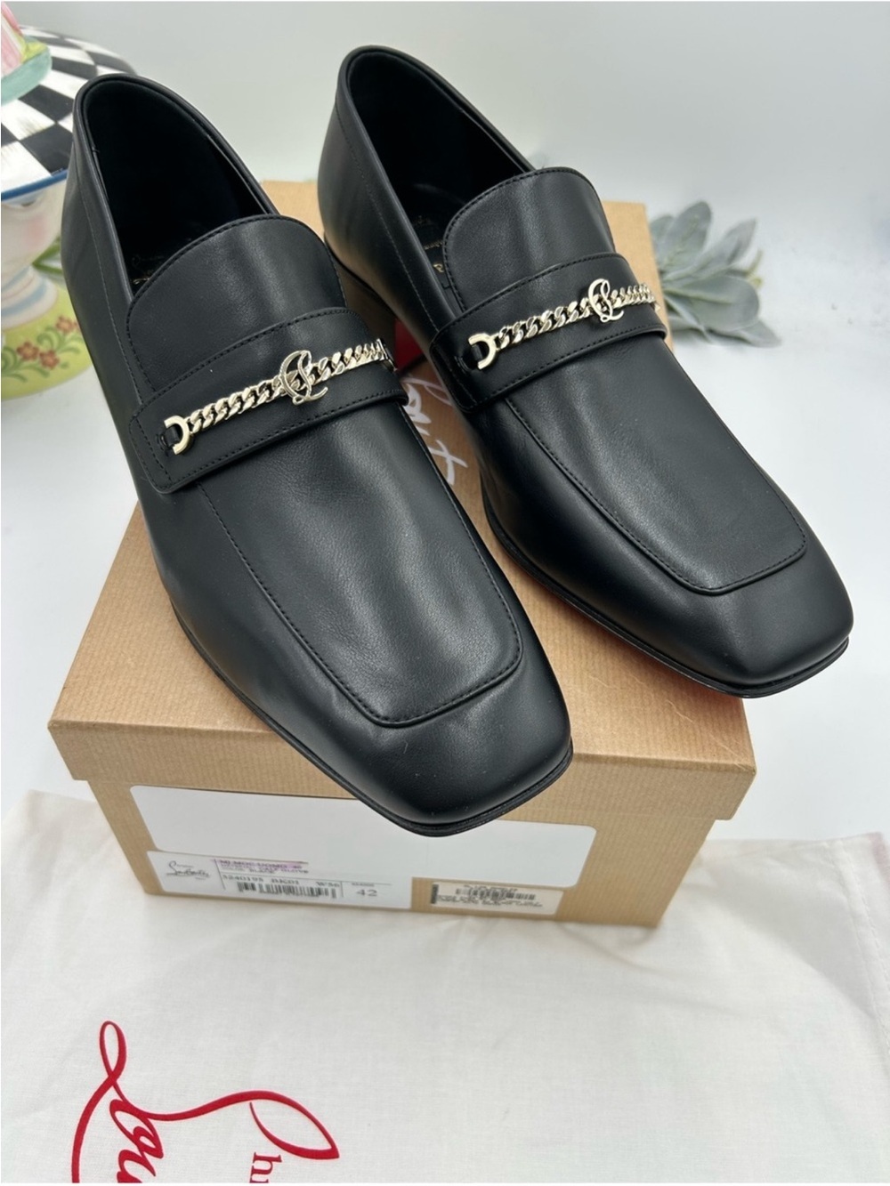 Men’s Christian Louboutin MJ MOC loafers, chain logo size 42